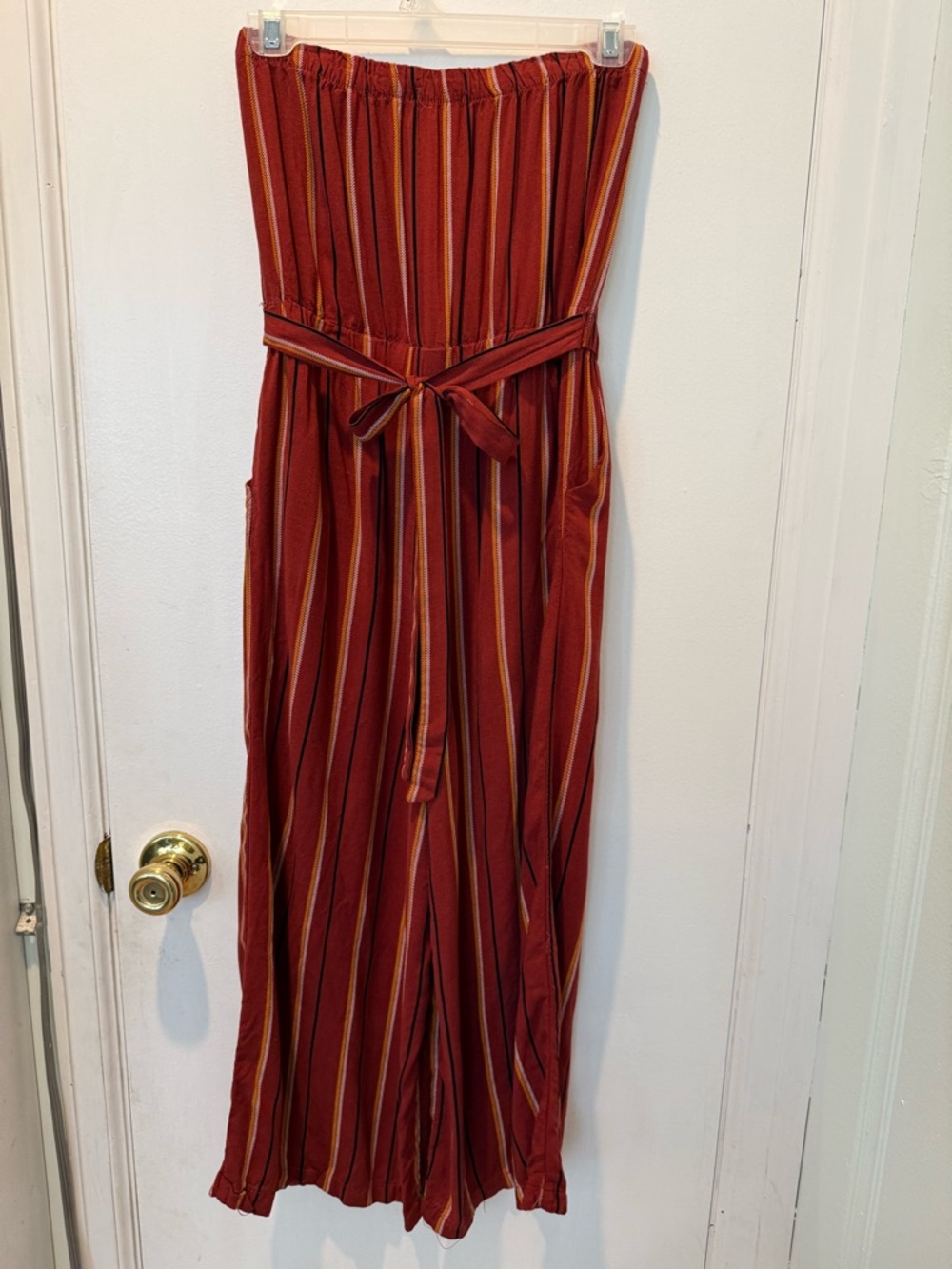 Women’s Rust colored Striped Strapless Wide-Leg Jumpsuit - Picture 4 of 10